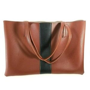 Vince Camuto Luck Tote Brown Leather Black Strip Shoulder Bag Tote Purse Laptop